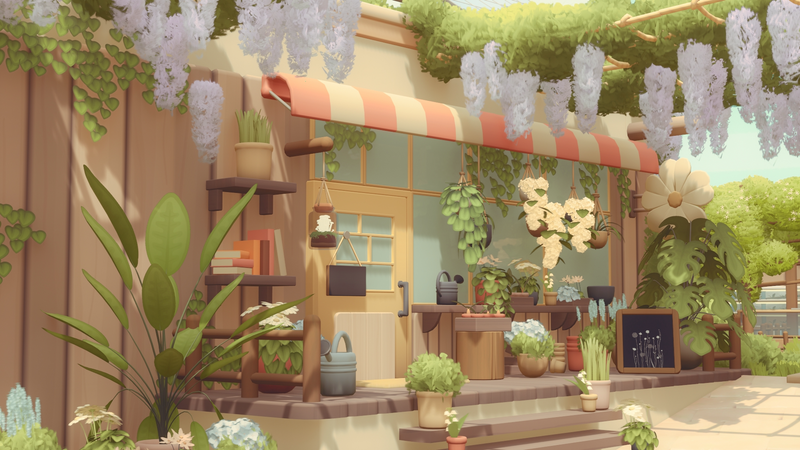 Screenshot of the florist building and nearby environment, within the world of Loftia